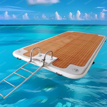 Imagem de Pontão inflável, plataforma de descanso de água de pontão de iate com escada de aço inoxidável, base de pontão antiderrapante de EVA de grão de madeira, 2 * 6 m/6,6 * 19,7 pés