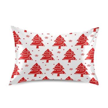 Imagem de Wassud Árvores de Natal Fronhas de cetim vermelho para cabelo e pele fronhas de seda lisa Queen Size Capas de travesseiro respiráveis com fecho de envelope