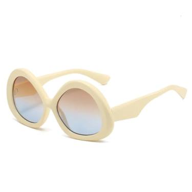 Imagem de HCPIHF Óculos de sol triangulares ovais da moda, femininos, vintage, com estampa, masculino, punk, degradê, uv400 (bege, azul-chá)