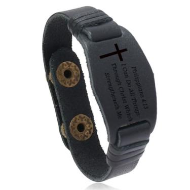 Imagem de Pulseira masculina de couro feita à mão com mantra inspirador para homens e mulheres, pulseira de couro ajustável versículo bíblico cruz pulseira batismo Páscoa presente religioso igreja favores de
