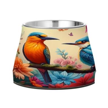Imagem de STAYTOP Tigelas de aço inoxidável para cães e gatos, pássaros azuis e laranja habita árvores, tigelas fofas antiderrapantes para cães e gatos