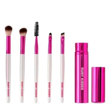 Imagem de Pincéis Profissionais para Maquiagem Ruby Kisses, Kit Com 5 Pinceis Para Olho, Rosa Metálico, Com Pincel para Sombra, Delineador, Sobrancelha, Esfumador e Escova Para Sobrancelha