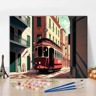 Imagem de TUMOVO Pintura por números para adultos cena de rua de Lisboa Portugal com kit de pintura de bonde vermelho 40,6 x 50,8 cm tinta adulta por número em tela para decoração de casa temática de viagem com