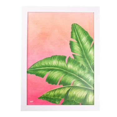 Imagem de Quadro Decorativo Tropical, Folhagem Verde em Rosa, Material Pinus e HDF, 40x30cm, Arte de Parede