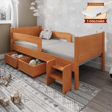 Imagem de Cama Infantil + Colchão com 2 Baus Organizador Escada Luna Plus Nature