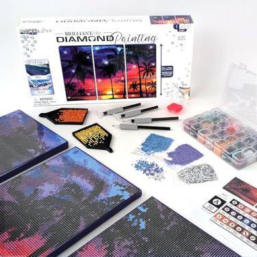 Imagem de ArtSkills Kit de pintura de diamante, arte de diamante em tela emoldurada com estojo de armazenamento de pedras e kit de acessórios, praia, 3 painéis de tela esticada, 35,5 x 17,8 cm cada