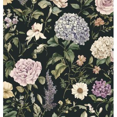 Imagem de HeloHo Papel de parede floral vintage boho papel de contato flor escura autoadesivo removível papel de parede botânico amigável para locatários para armários quarto rolos de vinil 43,9 cm x 1,000 cm