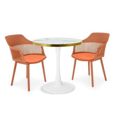Imagem de Conjunto Mesa De Jantar Redonda Majestic 70cm Branca Com 2 Cadeiras Estofadas Marcela - Marrom