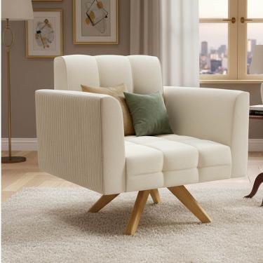 Imagem de Poltrona Sala Decorativa Elisa Base Giratória Castanho MA30 Cotelê Ext/Veludo Bege D03 - D'Rossi