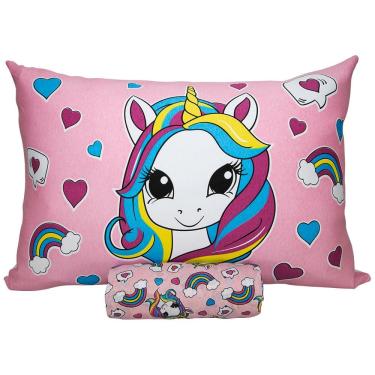 Imagem de Jogo de Cama KazzaVip Solteiro Malha Mista 70% Algodão e 30% Poliéster Joy Sweet Unicórnio 2 peças Rosa