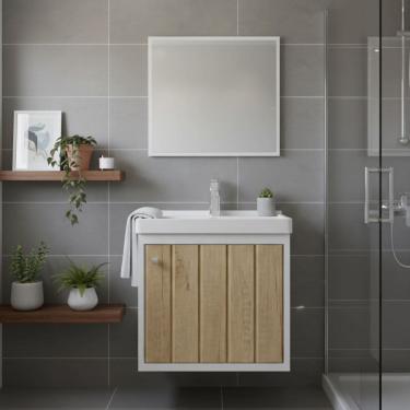 Imagem de Kit Armário para Banheiro 40cm MDF com Cuba + Espelheira - Veneto Berlin Ripado