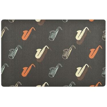 Imagem de TSENQUE Capacho de saxofone musical personalizado preto engraçado tapete de sapato impermeável bem-vindo fosco lavável ao ar livre tapetes de entrada internos para casa 81,3 cm x 50,8 cm