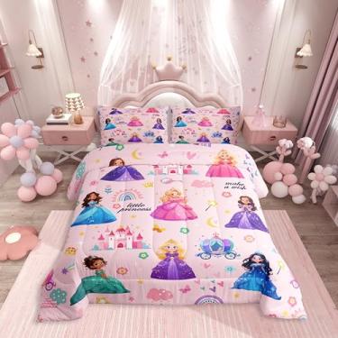 Imagem de jejeloiu Conjunto de cama infantil de princesa mágica, tamanho infantil, castelo rosa, para decoração de quarto de meninos, meninas, adolescentes, conjunto de edredom de fada, respirável, macio, leve