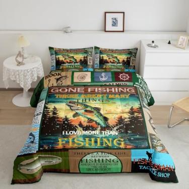 Imagem de jejeloiu Jogo de cama solteiro de peixe-lúcio, para crianças, pesca e caça, para meninos, meninas, adolescentes, verde, respirável, macio, leve, conjunto de edredom de microfibra