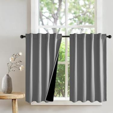 Imagem de PONY DANCE Cortinas pequenas 100% blackout para quarto, cortinas de janela com ilhós com isolamento térmico, escurecimento de quarto, cortinas cinza claro para cozinha com parte traseira preta, 86 x