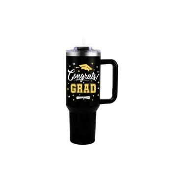 Imagem de Whaline Copo de graduação de 1,134 g com alça de canudo e tampa Copo de viagem preto dourado Congrats Grad Coffee Cup para festa de formatura escritório em casa