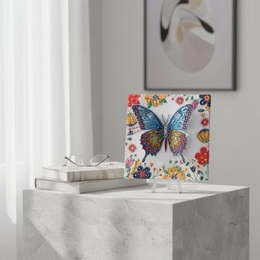 Imagem de Cymbana Kits de arte de diamante de borboleta 3D para crianças com cavaletes de madeira, faça você mesmo, pintura de borboleta transparente dobrável com moldura de madeira, arte e artesanato, pedra de