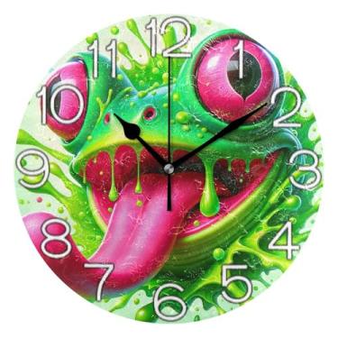 Imagem de Relógio de parede analógico, decorativo, quarto, cozinha, silencioso, retro, moderno, art déco, decoração de parede, sapo, verde neon, 25 cm, ponteiros pretos