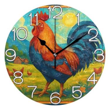 Imagem de GAIGEO Relógio de parede analógico decorativo estético silencioso sem tique-taque relógio de sala de aula, sala de estar, decoração de parede moderna, galo vintage floral colorido, 25 cm, ponteiros