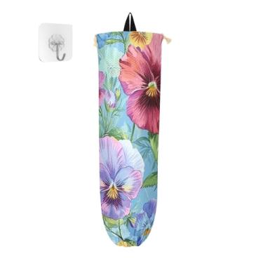 Imagem de Suporte de sacola de compras de amor-perfeito em aquarela, organizador para armazenamento de sacolas plásticas de cozinha, dispensador de armazenamento de saco plástico