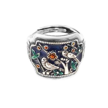 Imagem de Anéis abertos vintage de flor de ameixa para mulheres, esmalte oxidado, estilo chinês, ajustável, faixa intermediária, elegante, anel de noivado, coquetel, joia moderna de declaração de casamento para