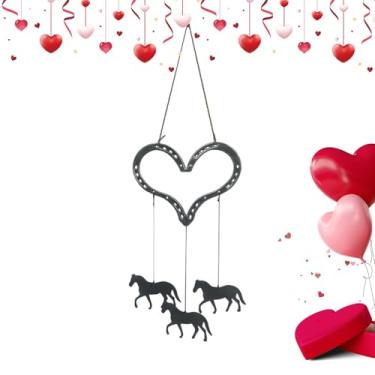 Imagem de Carrilhão De Em Formato De Coração | Decoração Metálica Com 3 Pêndulos De Cavalos Em Movimento Para Casa - Pendo Decorativo para Valentine's Day | Para Jardim Quarto