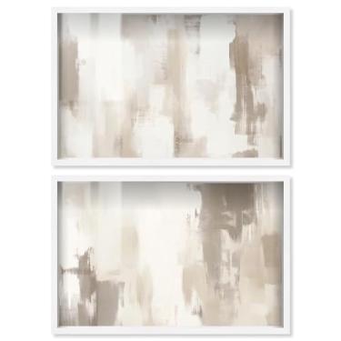 Imagem de Conjunto de 2 arte de parede de sala de estar abstratos de luxo neutro com impressão Shadowbox da Art Remedy, moldura branca, 78 x 53 cm