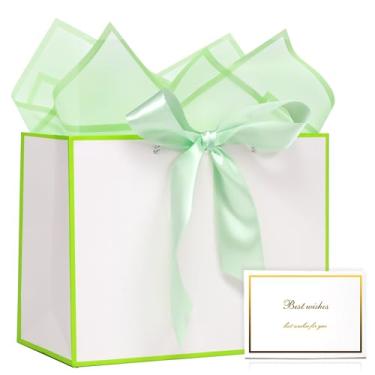 Imagem de KeerxunBag Conjunto de presente tudo-em-um: Saco de presente branco elegante com alças de fita, cartão de felicitações e papel de seda - perfeito para aniversário, casamento, dia das mães, 12,6 x 4,3