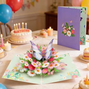 Imagem de Cartão de aniversário pop-up borboleta 3D, cartão floral roxo com flores pop-up - cartão elegante para mulheres, amigos, família, todas as ocasiões - roxo