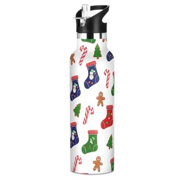 Imagem de Joisal Meias de Natal coloridas garrafas de água festivas com tampa de canudo garrafa de água de aço inoxidável isolada para meninos meninas 590 ml garrafa térmica de parede dupla a vácuo livre de BPA
