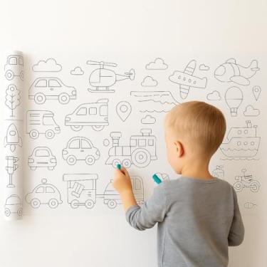 Imagem de Papel Adesivo Infantil para Colorir Tema Veiculos Destacável 3m x 30 cm Brinquedo Educativo para Crianças a Partir de 3 Anos Desenho Para Pintar Presente Colável Parede Chão Superficie Plana