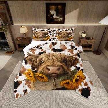 Imagem de Feelyou Conjunto de edredom de vaca Highland para todas as estações, estampa de couro bovino com 2 fronhas, estampa de pele de vaca, edredom respirável, macio