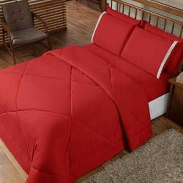 Imagem de Edredom Casal Dupla Face Cobre Leito Queen + Lençol Queen Com Elastico 6 Peças Tecido Toque Macio(Vermelho,Edredom Avulso)