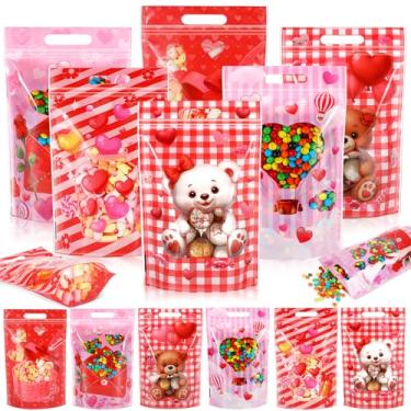 Imagem de Fuutreo 60 peças de sacos de presente de Natal, sacos de plástico transparentes de Natal, sacos selados xadrez de búfalo de Natal com alças para decoração de presentes de doces para festa de Natal