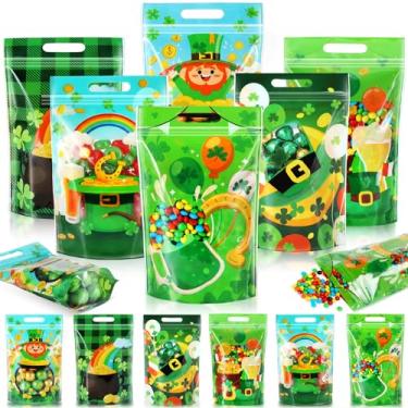 Imagem de Fuutreo 60 peças de sacos de presente de dia de São Patrício sacos de plástico trevo verde sacos de petiscos refecháveis com padrão irlandês da sorte com alças para festa de São Patrício doces