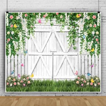 Imagem de Lexfvpoo Pano de fundo de primavera, 4,6 x 3 m, folhas verdes de Páscoa, flor, branco, porta de celeiro, pano de fundo de Páscoa, para fotografia, aniversário, chá de panela, casamento, decoração de