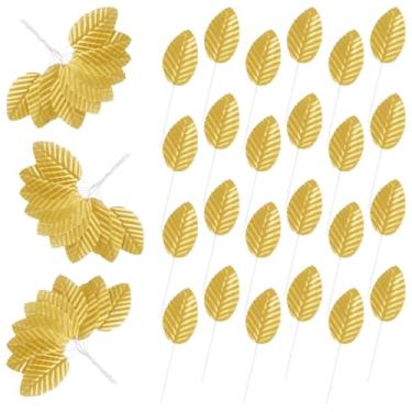 Imagem de BENLIUDH 200 peças de folhas douradas para artesanato, folhas falsas de rosas artificiais em massa com hastes, folha única com fio falso para grinaldas faça você mesmo, buquê de flores, casa, cozinha