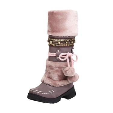 Imagem de Botas femininas de inverno, salto plano, cano alto, cano alto, cano longo, felpudo, bico redondo, cano médio, botas de neve, Roxa, 36