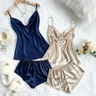 Imagem de Conjunto De Pijama Feminino De Verão Sexy Em Cetim Liso Com Top E Shor