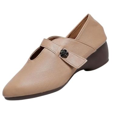 Imagem de Mocassim feminino fashion casual Camellia bico fino pequeno com salto grosso sola macia respirável, Caqui, 35