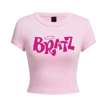 Imagem de Camiseta Cropped Feminina Rosa Y2K Com Estampa De Letras Bratz, Manga 