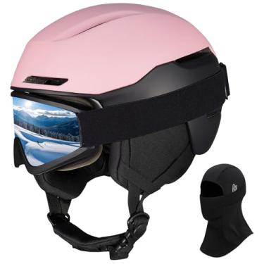 Imagem de JQF Gear Capacete de esqui capacete de snowboard para adultos, homens e mulheres, capacete de neve ajustável X13 com óculos para esportes de neve (óculos de esqui rosa fosco (máscara de esqui), médio)