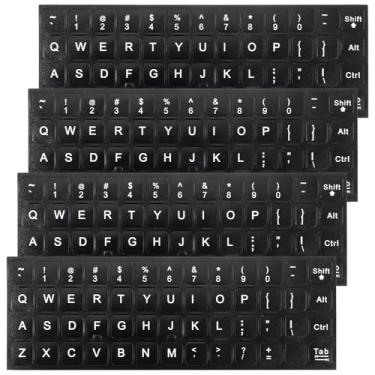 Imagem de 4 adesivos de letras de teclado, fundo preto ultratransparente com texto branco, adesivos de teclado para laptop, letras adesivas universais substituíveis para PC, laptop e desktop