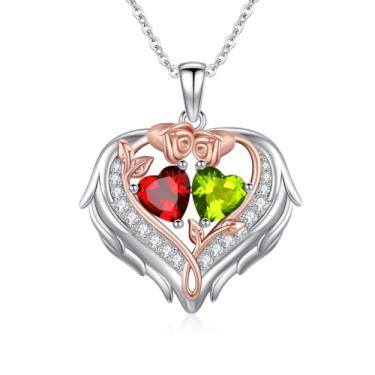 Imagem de WYDDO Colar de coração com asas de anjo para mulheres, pedra do mês de nascimento duplo, pingente de flor de rosa, presente ideal para aniversário, Natal, presente para esposa, mãe, namorada, filha