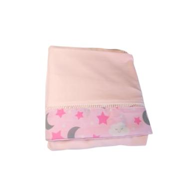 Imagem de Jogo de Lençol 2 Pçs Simples com Elástico Berço Americano Céu Malha com Ponto Palito e Barrado, Lençol e Fronha (Rosa Bebê)