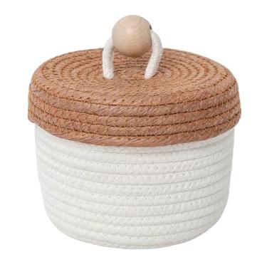 Imagem de JLKIMZVO Cesta de armazenamento de corda de algodão feita à mão com tampa, contas de madeira natural e decoração de corda de papel, organizador branco para mesa, banheiro e berçário, 17 × 14,5 × 12,5