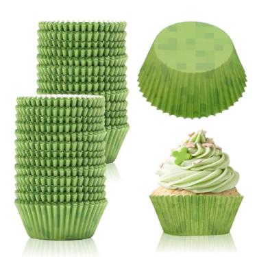 Imagem de 600 peças de forros de cupcake de pixel, envoltórios de muffin com tema de jogo de pixels, suporte descartável para cupcake e copos verdes para chá de bebê, casamento, despedida de solteira