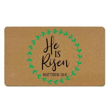 Imagem de EGBTL Tapetes de porta cristãos de coco da Páscoa ao ar livre, versículo bíblico He is Risen Tapete de porta da frente entrada externa, tapete de Páscoa religioso, entrada interna para decoração de