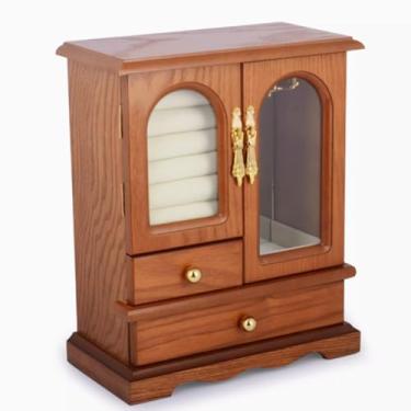 Imagem de Caixa de armazenamento de joias retrô de madeira maciça, organizador de porta dupla, baú de tesouro requintado, design criativo, fácil acesso, perfeito para presentes e decoração de casa