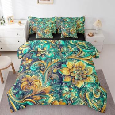 Imagem de Jogo de cama queen com flores retrô 3D, amarelo, verde e florescendo, para meninas e mulheres, todas as estações (edredom, lençol de cima, 2 fronhas, 2 fronhas)